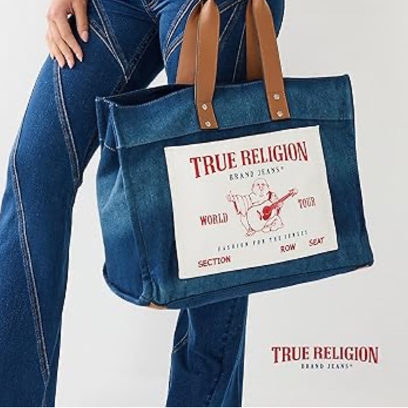 True Religion Large Denim Tote Blue and Brown with Leather Straps - Picture 1 of 6